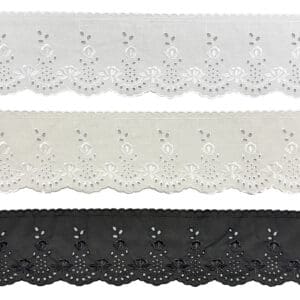 Katoenen Broderie Kant 2129 110mm breed in Wit, Zwart en Offwhite. 13.8 meter